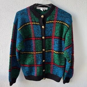 Carlisle Sport Wool Vintage Size M Button Cardigan Block Tartan Pattern Colorful